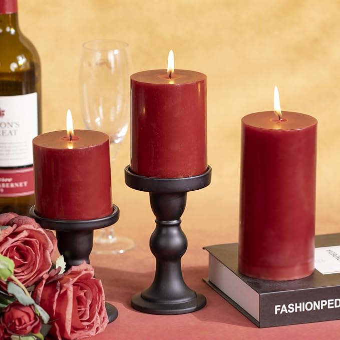 KONNI Dark Red Pillar Candles Set of 3, 3"x 3" Unscented Pillar Candles Bulk, 30 Hours Long Burning Candles, Smokeless&Dripless Large Round Candle for Wedding, Home Decoration, Parties, Spas, Dinner