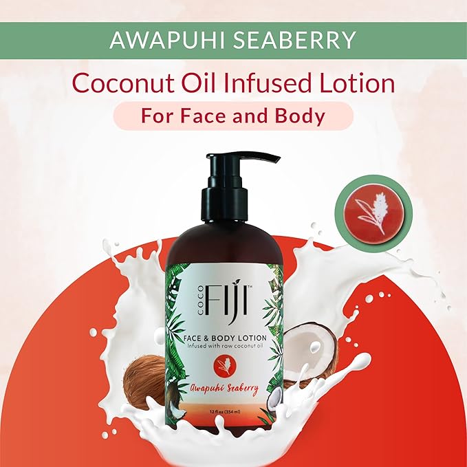 Coco Fiji Face & Body Lotion Infused With Coconut Oil | Lotion for Dry Skin | Moisturizer Face Cream & Massage Lotion for Women & Men | Awapuhi Seaberry 12 oz, Pack of 3
