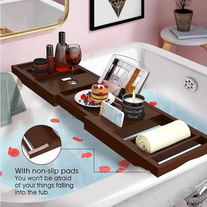 Bathtub Caddy Tray for Tub, Foldable Bamboo Bath Table Tray with Book and Wine Glass Holder, Expandable Bathroom Accessories with Free Soap Dish Suitable for Luxury Spa or Reading, Brown