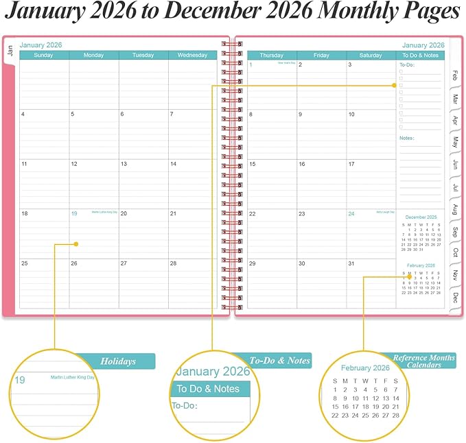 2026 Daily & Monthly Planner - One Page Per Day, Daily Planner from January 2026 - December 2026, Planner 2026 with 12 Monthly Tabs, 8.5" x 11", Pink