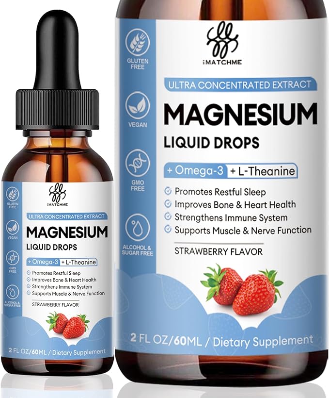 iMATCHME Magnesium Glycinate Liquid Drop with Citrate, Oxide and Taurate, Calm Magnesium with Omega3, L-Theanine, D3, B6, B12 for Calm, Sleep, Leg Cramps, Muscles, Energy, Sugar-Free Strawberry Flavor