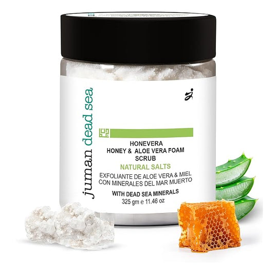 Juman Dead Sea Minerals Premium Aloe Vera & Honey Body Scrub | Gently Exfoliates and Renews Skin | Foam Scrub | SlS & Paraben Free | Vegan | 11.46 Oz