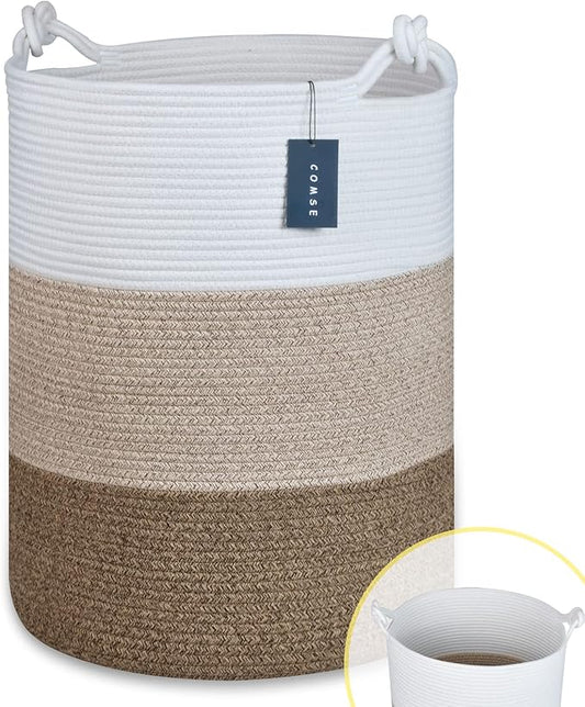 COMSE Extra Large Blanket Basket, Tall Woven Storage Basket, Nursery Hamper, 15.7”x 21.7”, Cotton Rope Laundry Hamper for Toys Clothes Towels, White/Gradient Brown