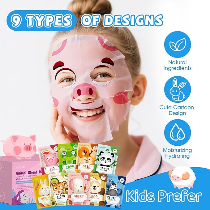 54 Pack Animal Kids Face Mask Spa, Bulk Collagen Hydrating Sheet Face Masks Skincare for Girls Teens, Christmas Gifts, Birthday Gifts, Stocking Stuffers for Women