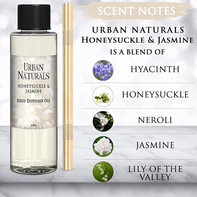 Urban Naturals Honeysuckle & Jasmine Reed Diffuser Oil Refill | Beautiful Floral Fragrance | Hyacinth, Neroli, Iris, Rose & Lily of The Valley | Includes Free Set of Reed Sticks! Made in The USA