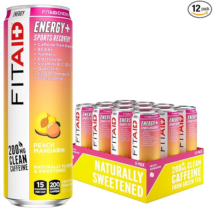 FITAID ENERGY, 200mg Natural Caffeine, Keto, Peach Mandarin, Optimum Performance Formula: BCAAs, Quercetin, Electrolytes, Omega-3s, 15 calories, Paleo, Vegan & Gluten-Free,12 Fl Oz (Pack of 12)