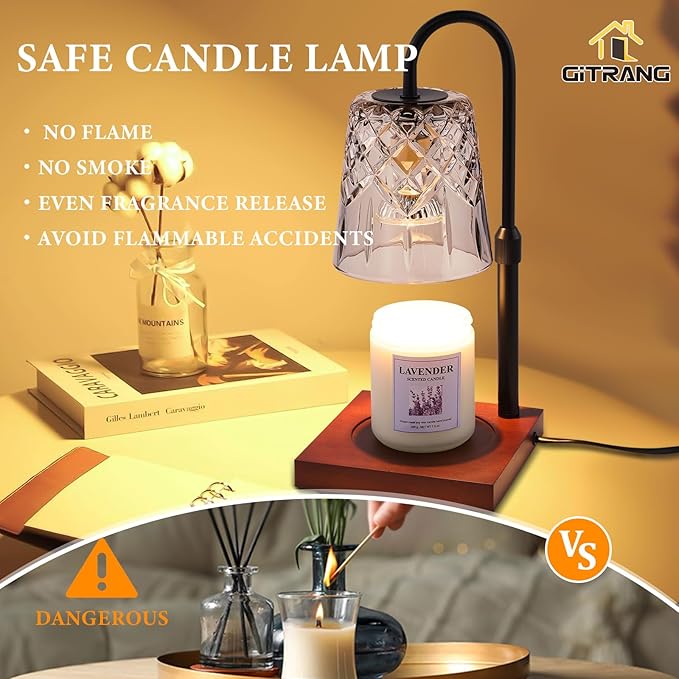 Candle Warming Lamp with Timer Dimmer, Adjustable Height Electric Wax Melt Warmer for Jar Candles with 3 Bulbs, Mother's Day Women's Home Decor Gift, Square Base with Black Pole