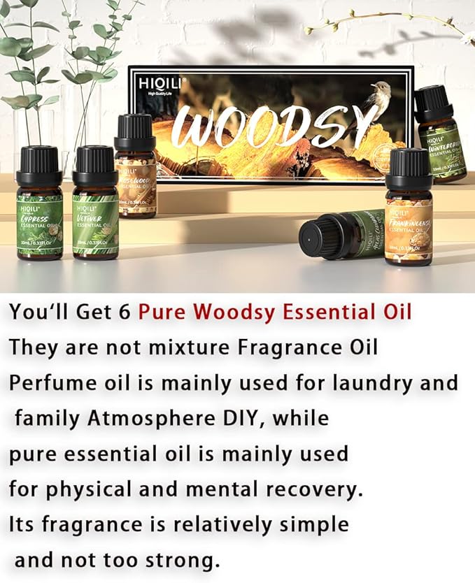 HIQILI Woodsy Fragrance Oil Set for Aromatherapy, Essential Oil Diffuser, Ideal for DIY Candles & Perfume Making, Massage Oil - Cedarwood, Frankincense, Vetiver, Rosewood, Cypress - 6x10ml
