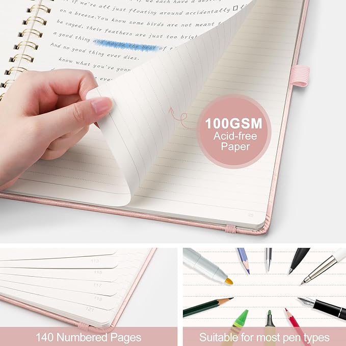 AHGXG Lined Spiral Journal Notebook, B5 Large Journals for Women Men, 140 Pages Hardcover Leather Notebook College Ruled, 100 GSM Paper, Notebooks for Work School Note Taking, 7.6" x 10", Rose Gold