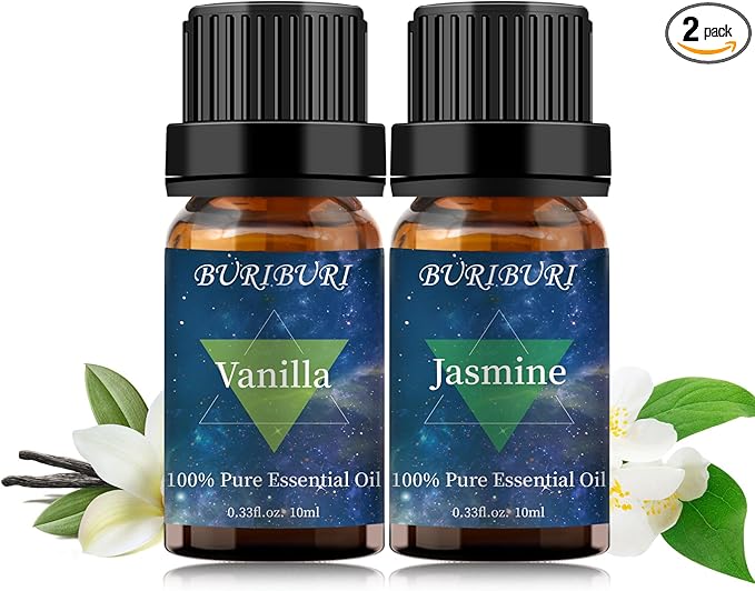 BURIBURI Vanilla Oil and Jasmine Essential Oil, 100% Pure, Undiluted, Natural, Organic Aromatherapy Vanilla Essential Oils Gift Set, 10MLx2