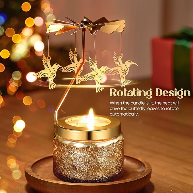 Hummingbird Rotating Scented Candle, Elegant Glass Jar Perfect for Romantic Dinners, Cozy Living Rooms or Relaxing Baths, Thoughtful Gift for Wife, Girlfriend or Friends with Rose Scent
