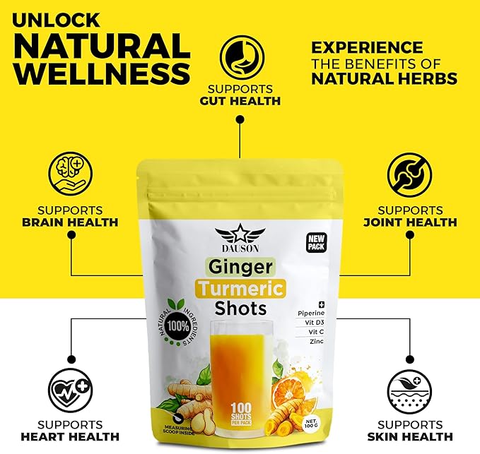 Ginger Turmeric Supplements with Piperine, Vitamin C, Vitamin D3 & Zinc | Turmeric Ginger Shots for Joint, Heart, Brain, Gut & Skin Health | 100 Servings | Ayurvedic | Powder