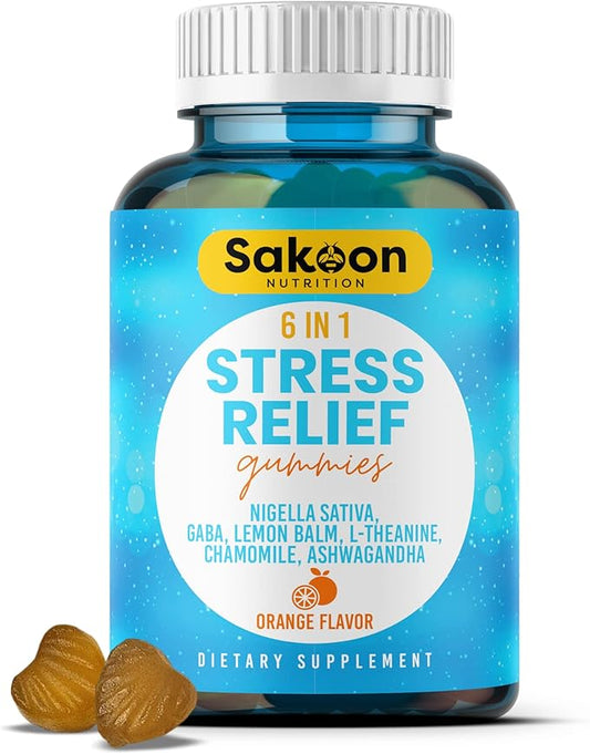 6-in-1 Stress Relief Gummies 60ct - Aids Relaxation with Ashwagandha, GABA, L-theanine, Lemon Balm, Chamomile, Black Cumin Seed Nigella Sativa. Improved Deep Sleep, Joint Support - 60 gummies