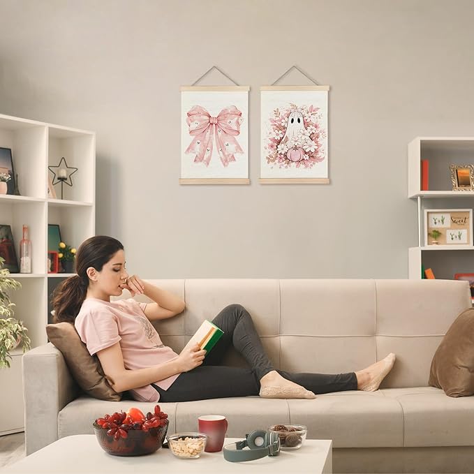 Exqcom Coquette Pink Bow Floral Halloween Ghost Wall Decor Set of 2, Preppy Pink Fall Pumpkin Floral Wall Art Poster, Halloween Ghost Posters for Girly Room Bedroom Dorm Apartment Home, 12x16 Inches