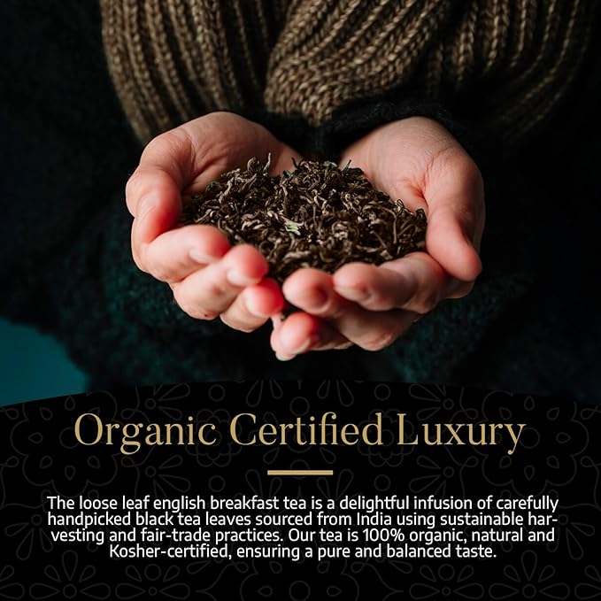 KOMAR ORGANICS English Breakfast Tea - 16oz USDA Organic Loose Leaf Tea Rich in Antioxidants - Balanced and Flavorful Black Tea for Energy Boost - 1 LB Certified Kosher Assam and Darjeeling Blend