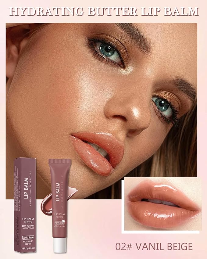 Lip Balm Butter Vanilla Beige,Hydrating Tinted Butter Lip Gloss,Sheer Lipgloss Lip Care Moisturizer,Smooth Lip Treatment,Jelly Yummy Glow Reviver Fat Lip Oil,Thanksgiving Makeup Gift for Women-02
