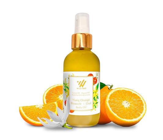 Wild Vibes Ylang Orange Blossom + Oud Luxury Body Oil – Organic with Tropical Oils for Hydrated, Youthful Skin – Anti-Aging, Collagen-Boosting After Shower for Women – 4 oz