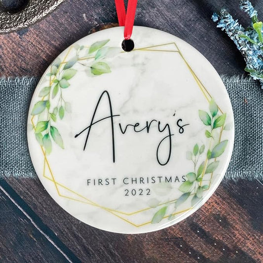 Baby's First Christmas Personalized Custom Baby Name Christmas Ornament - Geometric Greenery