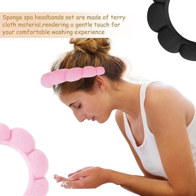 AMCAMI 2 PCS Puffy Spa Headband for Women Sponge Headbands for Girls Terry Towel Cloth Fabric Head Band for Skincare,Makeup Removal,Face Washing,Facial Mask,Shower,Hair Accessories（Black&Light Pink）