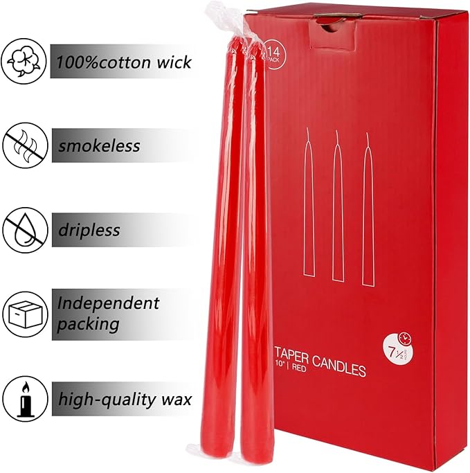 24 Pack Red Taper Candles, 7-8 Hours Burn Time, Unscented, Smokeless and Dripless, 0.75 x 10 Inch Dinner Candle Set for Christmas,Household, Wedding, Party and Home Décor Candlesticks