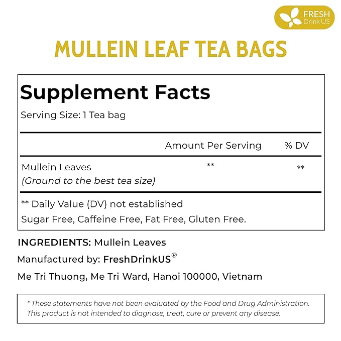 FreshDrinkUS, Premium 15 Mullein Leaf Tea Bags For Lung, 100% Natural & Pure from Mullein Leaves. Loose Leaf Mullein Herbal Tea. Made with Natural Material Tea Bags. No Sugar, No Caffeine, No Gluten, Vegan.