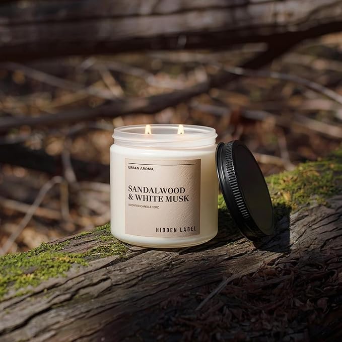 Hidden Label Sandalwood & White Musk Scented Candle - 12oz Natural Soy Non Toxic 70H Burn Time 2 Wick Aromatherapy Candle for Home Decor,Stress Relief & Relaxation