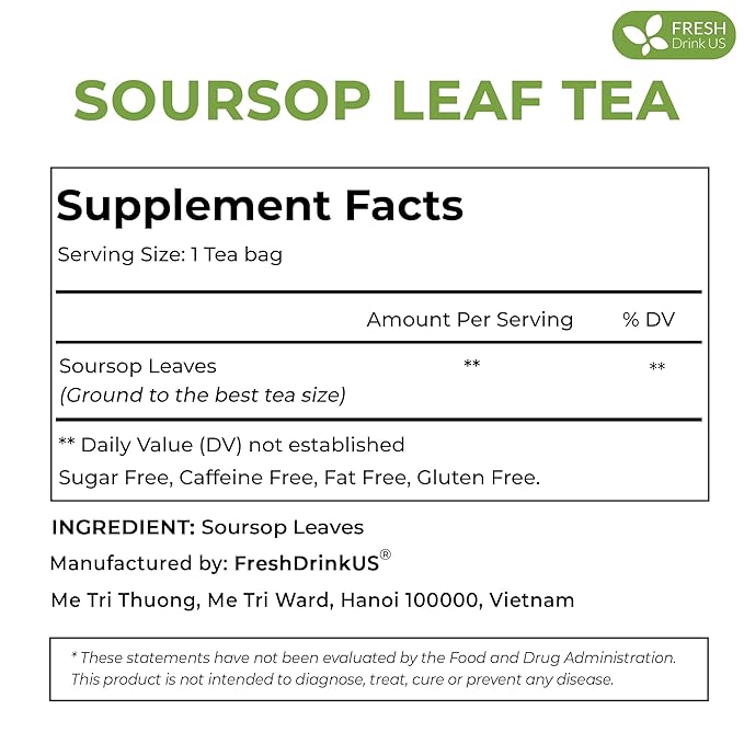 FreshDrinkUS, Premium 15 Soursop Graviola Leaf Tea Bags, 100% Natural & Pure from Soursop Leaves, Hoja Guanabana Herbal Tea. Made with Natural Material Tea Bags. No Sugar, No Caffeine, Vegan.