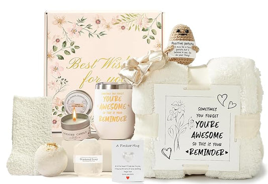 Self Care Gift Basket for Women, Luxury Spa Gift Basket with Blanket, Vanilla Coconut Self Care Set, Friendship Birthday Box for Mom, Sister, Wife, Best Friend, Coworker(White)