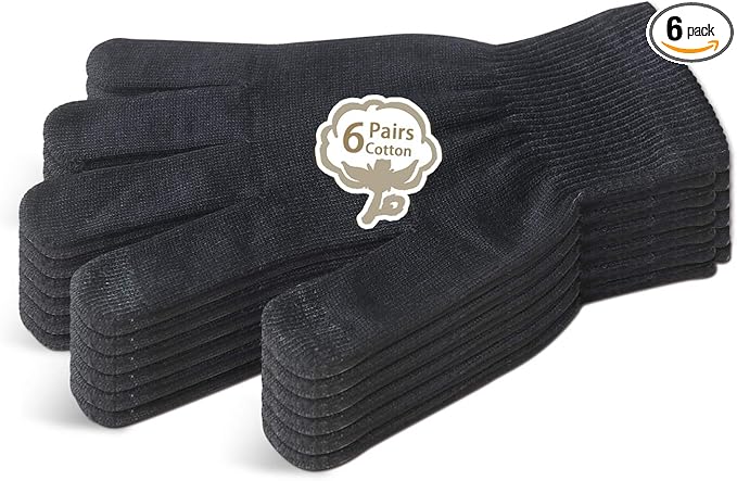 Evridwear Men Moisturizing Cotton Gloves with Touchscreen Fingertips for Eczema Beauty Cosmetic Dry Hands Sensitive Irritated Skin Therapy Overnight Bedtime, 6 Pairs, Lightweight-Black, XS