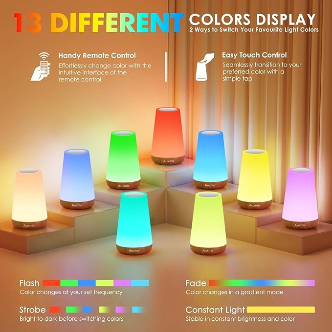 Auxmir Night Light, Dimmable Touch Lamp for Bedroom, 13 RGB Colors & 5 Brightness, Portable Rechargeable Bedside Table Lamp for Baby Nursery, Night Lights for Bedroom Living Room Bathroom Hallways