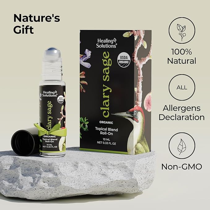 Healing Solutions (2 Pack) Clary Sage Essential Oil Roll-On Perfume - Organic for Skin, Body Oil Roller, Personal Care, Presents for Women - USDA Certified Clary Sage Roll On