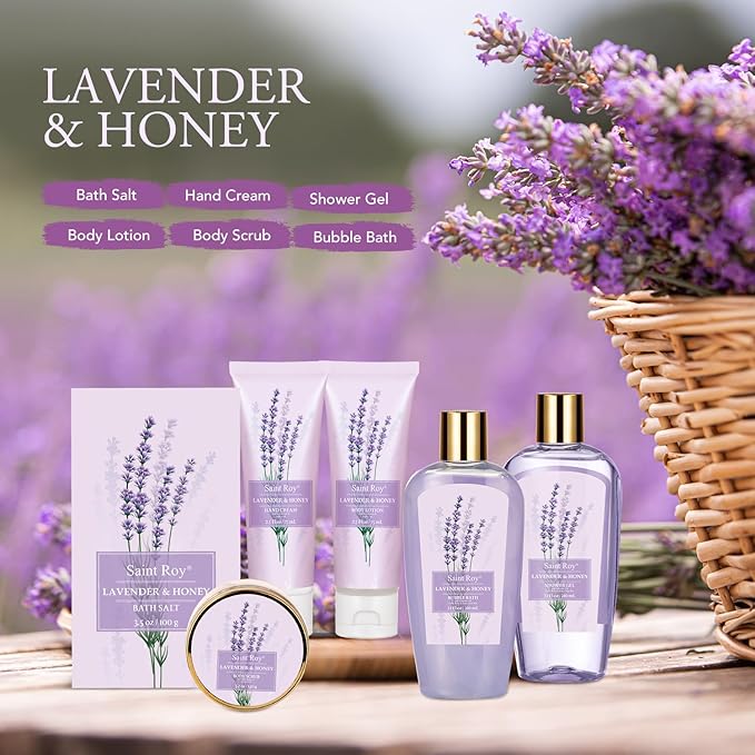 Bath and Body Gift Basket Set for Women - LAVENDER & HONEY Christmas Gifts for Women, Spa Large Beauty Personal Care Set, Home-spa Pampering Package for Mother day, Spa Bridal Shower Kit