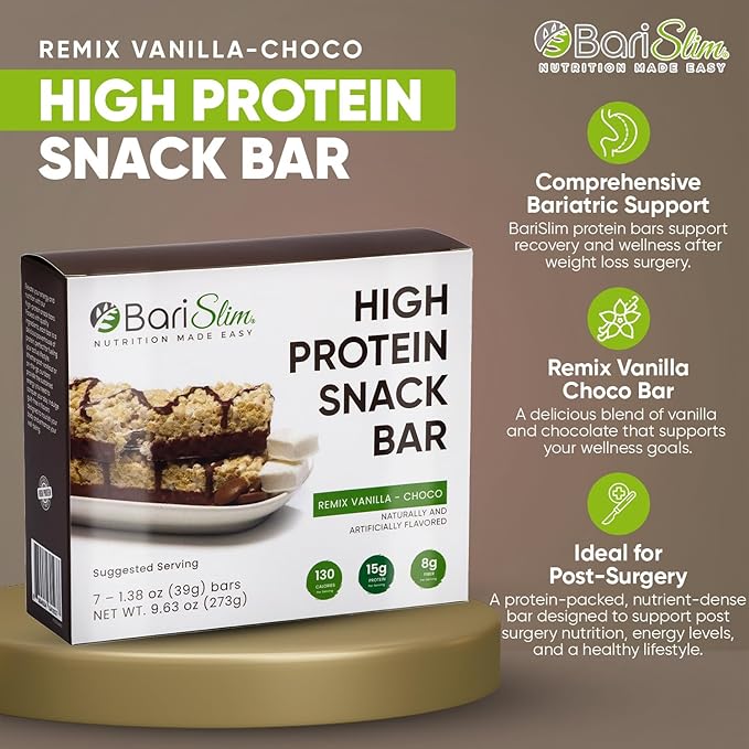 BariSlim High Protein Snack Bar for Bariatric Patients - Nutrient Rich Snack for Post-Surgery Wellness - Ideal for Weight Loss Maintenance & Daily Nutrition | Remix Vanilla Choco Bar (13 oz)