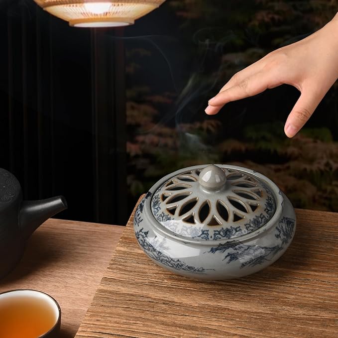 Ceramic Incense Burner with Holder for Stick/Coil Incense,Sage Cones and Mosquito Incense Handmade Smudging Burn Bowl for Cleansing Negative Indoor Energy and Other Incense Rituals, Cyan