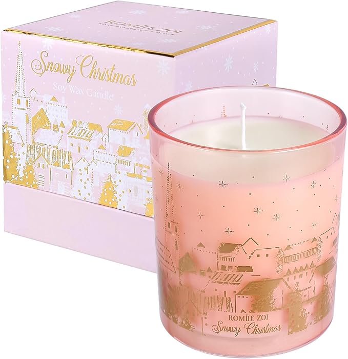 ROMIIE ZOI Christmas Scented Candle - 6oz Soy Wax Candle, Snowy Design, Infused with Floral Aroma - Pink & Gold Gift Box Packaged for Holiday Season Gift