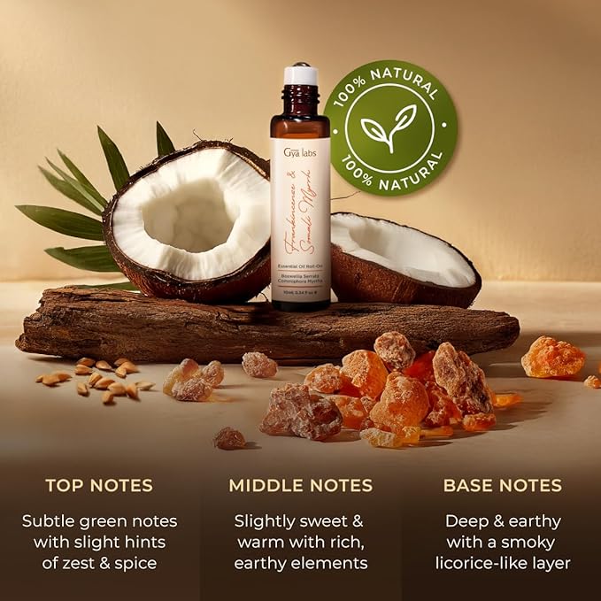 Gya Labs Frankincense & Somali Myrrh Essential Oil Roll On - 0.34 Fl Oz - Travel Size Roller for Camping, Skin, Aromatherapy Relief, Convenience