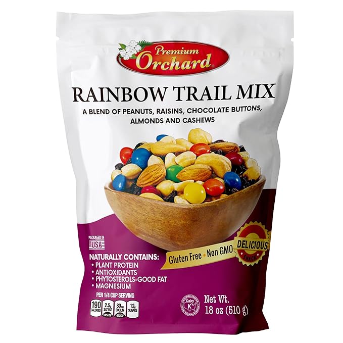 MIXED NUTS Rainbow Trail Mix by Premium Orchard - Healthy Trail Mix Variety Pack Peanuts Raisins Cashews Almonds Chocolate Buttons Heart Healthy Snacks for Adults and Kids Snacks Gluten Free