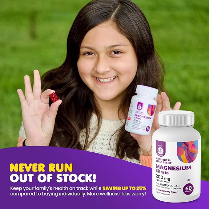 DR. MORITZ Calm Magnesium Gummies for Adults (200mg, 60 Count) and Kids Magnesium Gummies (60 Count, 2 Pack) - for Relaxation Support - Sugar-Free & Non-GMO - Raspberry Flavor