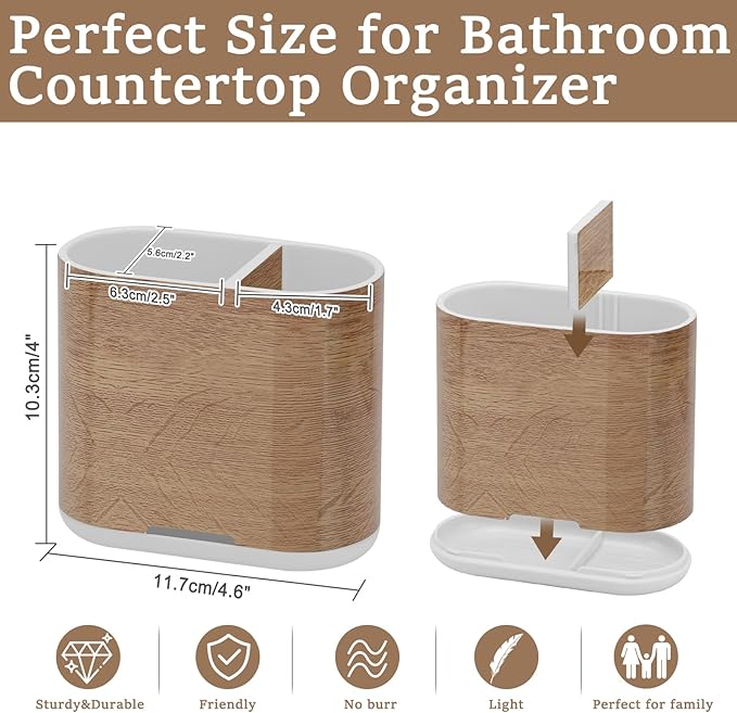 Toothbrush and Toothpaste Holder with Divider for Bathroom Countertop Organizer, 2 Slots Electric Toothbrush Holders Storage Caddy Drainage for Family, Kids(Wood Grain)