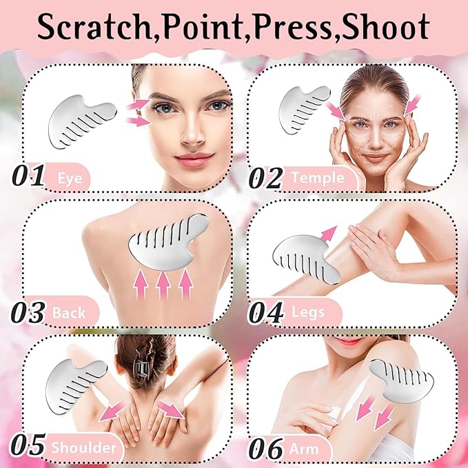 Gua Sha Facial Tools and Face Roller Set, Lymphatic Drainage Massager，Stainless Steel Facial Sculpting Eyes Roller Guasha for Face, Chin & Jawline Sculpting,Skin Care (Silver)