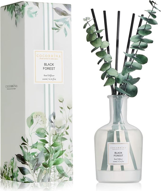 COCORRÍNA Eucalyptus Reed Diffuser, Black Forest Scent – 6.76 oz Essential Oil with Sticks & Dried Eucalyptus Branches, Home Fragrance for Bedroom or Bathroom Décor