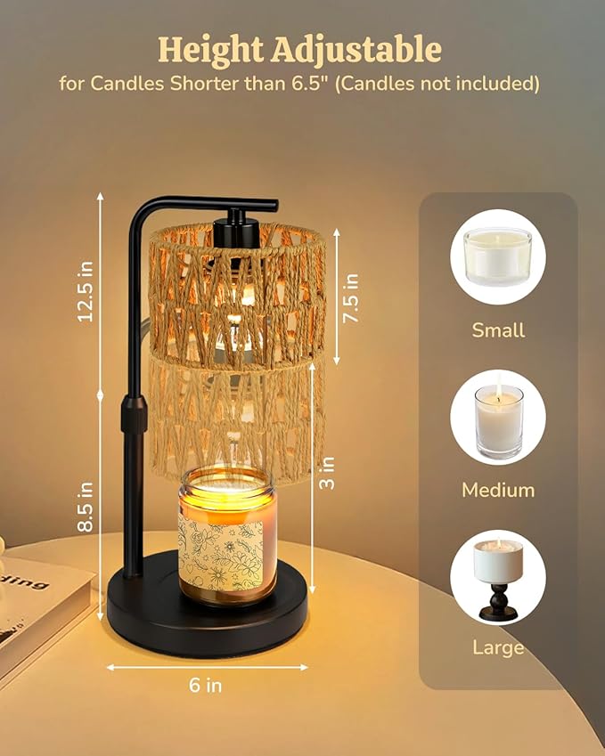 Candle Warmer Lamp, Timer Dimmable Wax Warmer, Adjustable Height and Brightness Candle Melt Lamp, Boho Rattan Lampshade and 2 Bulbs, Suitable for Home Decor, Birthday Gifts for Women Mom (Black)