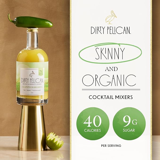 Dirty Pelican Cocktail Mixers - Spicy Jalapeno Margarita - Skinny & Organic Drink Mixes for Cocktails - Low Calorie Mocktails - Low Sugar - Vegan - Gluten Free - No Preservatives - 750ml (1 Bottle)