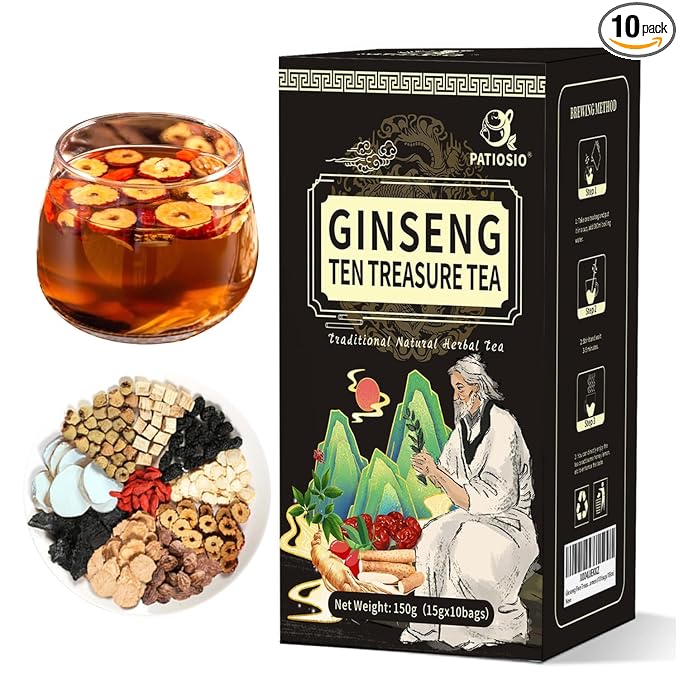 Kidney Tea Ginseng Ten Treasure Tea - 10 Precious Ingredients, Ginseng Five Treasures Tea Bag, Chinese Kidney Care Herbal Tea, Zhu Gen Wubao Cha for Men & Women (10 bags/1Box)