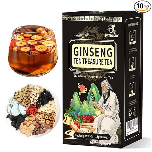 Kidney Tea Ginseng Ten Treasure Tea - 10 Precious Ingredients, Ginseng Five Treasures Tea Bag, Chinese Kidney Care Herbal Tea, Zhu Gen Wubao Cha for Men & Women (10 bags/1Box)