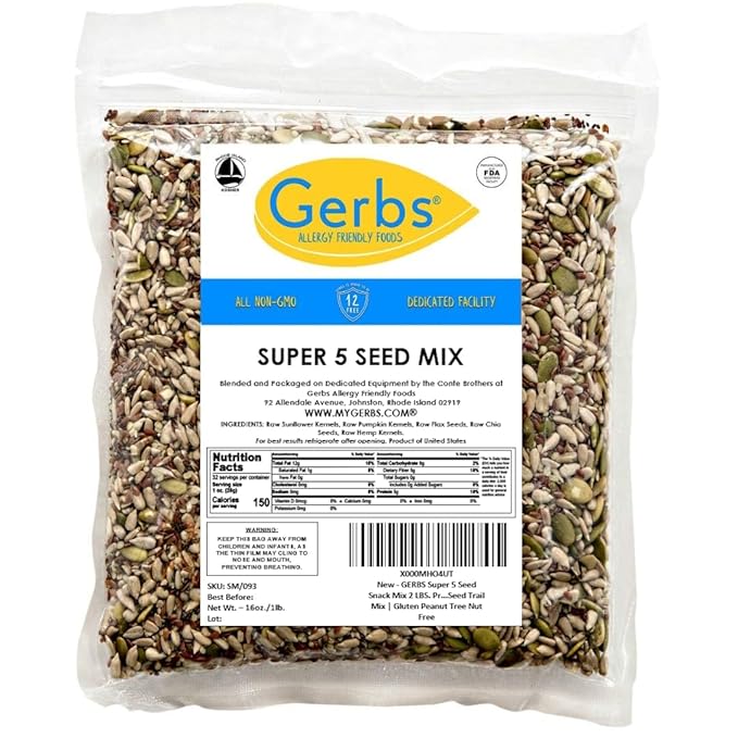 GERBS Super 5 Seed Snack Mix 1 LB. Premium Grade | Top 14 Food Allergy Free | Resealable Bulk Bag | Made in USA | Raw Pumpkin Sunflower Chia Hemp Flax Seed Trail Mix | Gluten Peanut Tree Nut Free