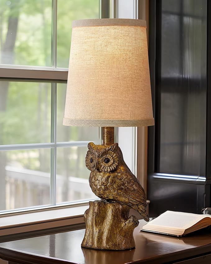 14.25" Small Table Lamp for Living Room Farmhouse Bedside Resin Single Lamp with Gold Owl Lamp Shape for Bedroom Retro Rustic Nightstand Lamp