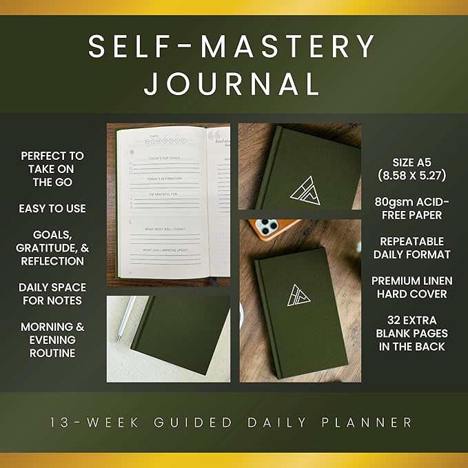 Self-Mastery Journal for Men - Gratitude Journal – 5 Minute Journals - Reflection Manifestation Journal for Mindfulness – Goal/Guided Gratitude Journel for Women & Men (Olive)
