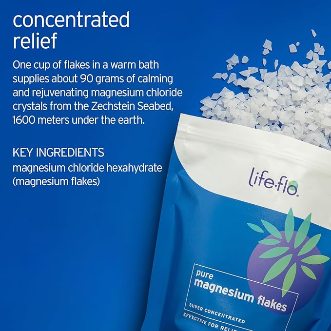 Life-flo Pure Magnesium Bath Flakes - Relaxing Bath Soak - Concentrated Magnesium Chloride Flakes from The Zechstein Seabed - Relief and Relaxation w/Ancient Trace Minerals - 60-Day Guarantee, 1.65lb