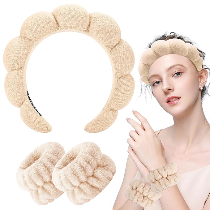 Zkptops Spa Headband for Women Sponge Makeup Skincare Headband Washing Face Wristband Set Terry Cloth Bubble Soft Get Ready Hairband Puffy Padded Headwear Non Slip Thick Hair Accessory(Beige)